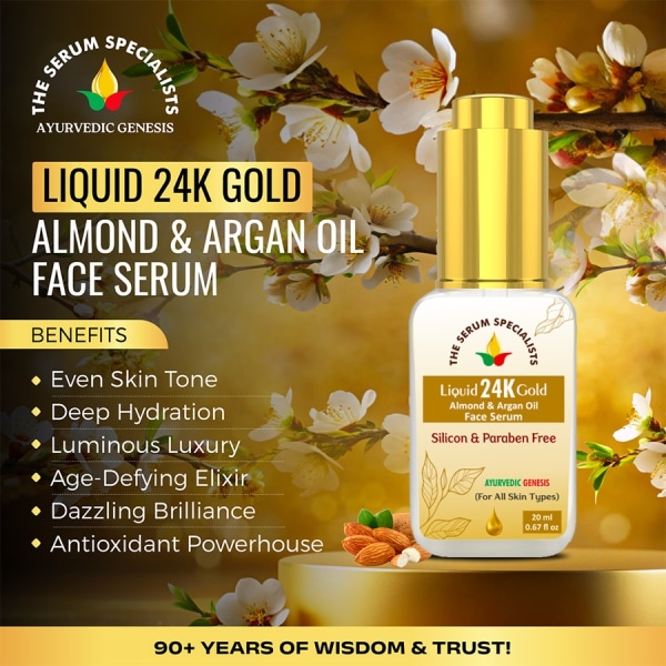 Benefits Liquid 24K Gold Almond Oil Argan Oil Face Serum The Serum Specialists Ayurvedic Genesis